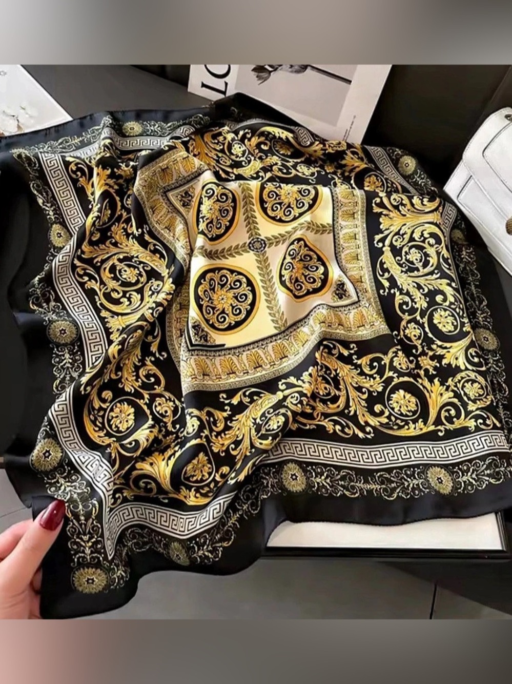 New Paisley Print Scarf in Black & Gold Like New